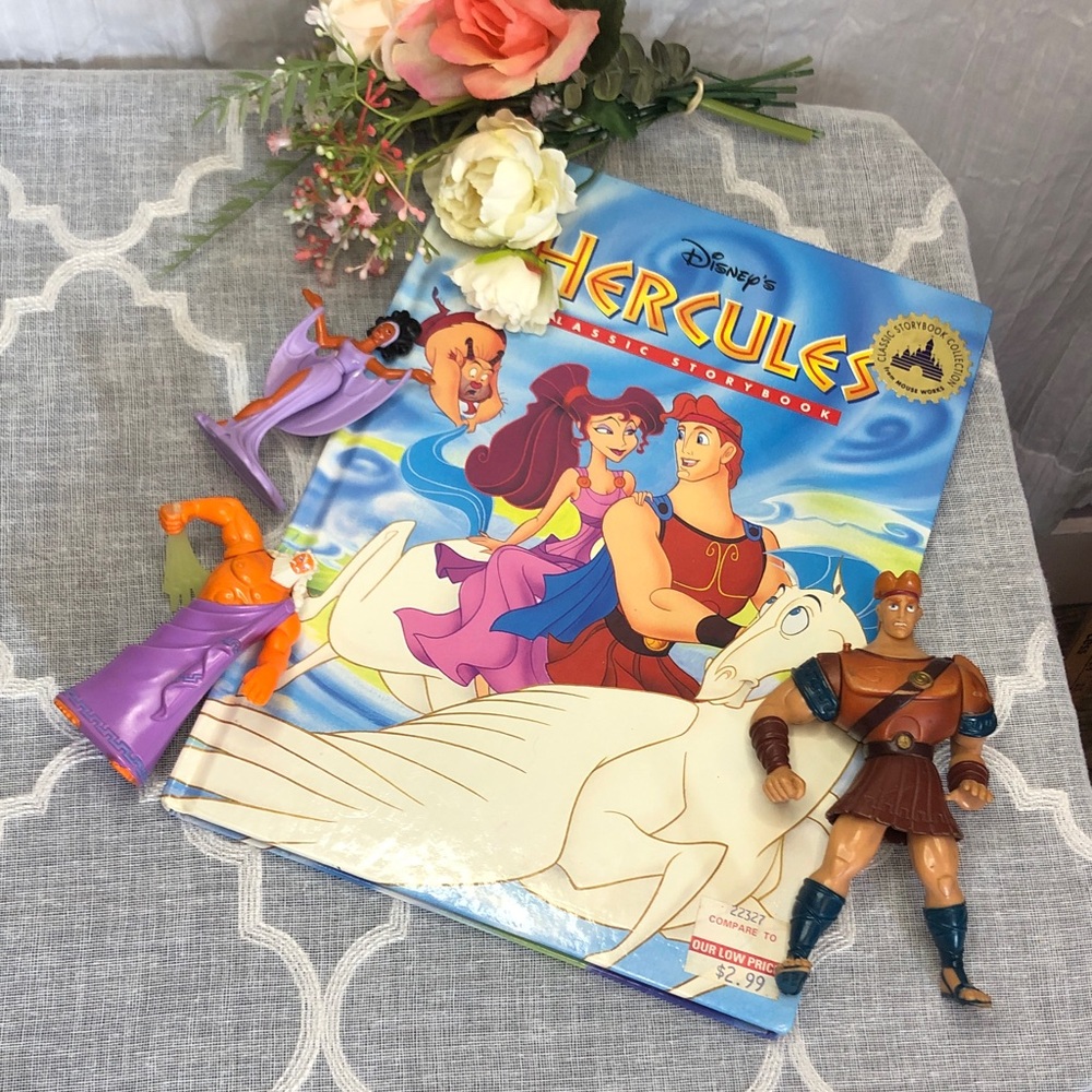 Disney Hercules hardcover story book & 3 action figure toys Hercules Zeus Muse